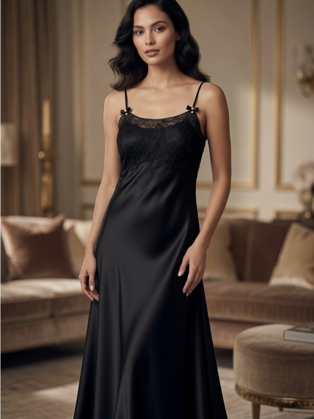 Oscar de la Rente Black Satin Lace-Gown Dress with Pearl  Accen- Women Intimates